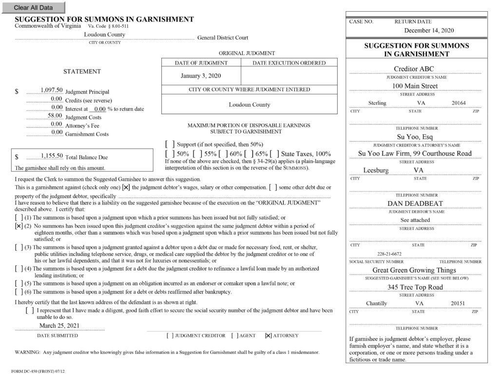 Suggestion for summons in garnishment